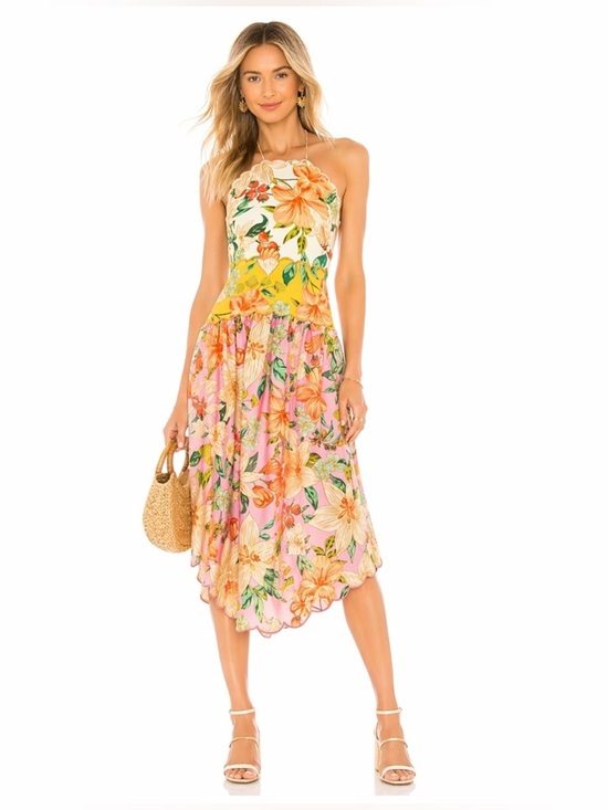 FARM Rio Dresses & Skirts - Farm Rio Guaragarden Euroflax Linen Midi Dress Yellow Pink XL NWT
